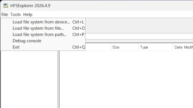 Windows 11→HFSExplorer→メニューバー→File