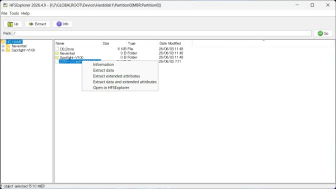 Windows 11→HFSExplorer→ファイル→コンテキストメニュー