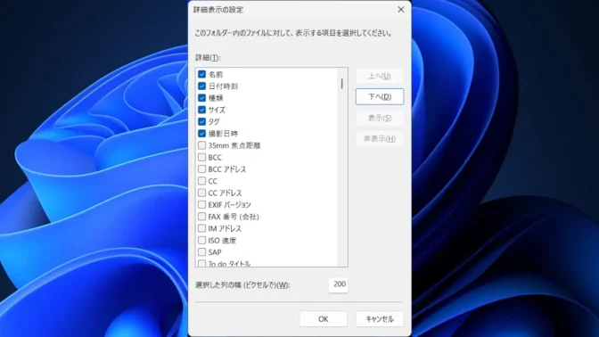 Windows 11→エクスプローラー→詳細→詳細表示の設定