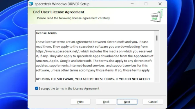 Windows 11→インストール→spacedesk→End-User License Agreement