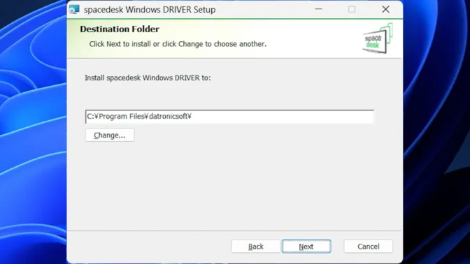 Windows 11→インストール→spacedesk→Destination Folder