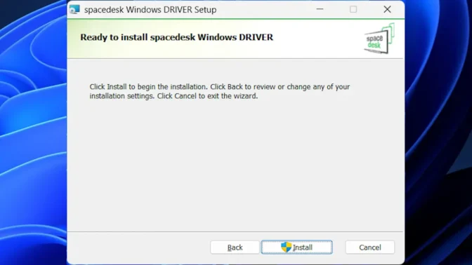 Windows 11→インストール→spacedesk→Ready to install space desk Windows DRIVER