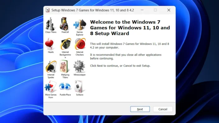 Windows 11→インストール→Windows 7 Games for Windows 11 and Windows 10