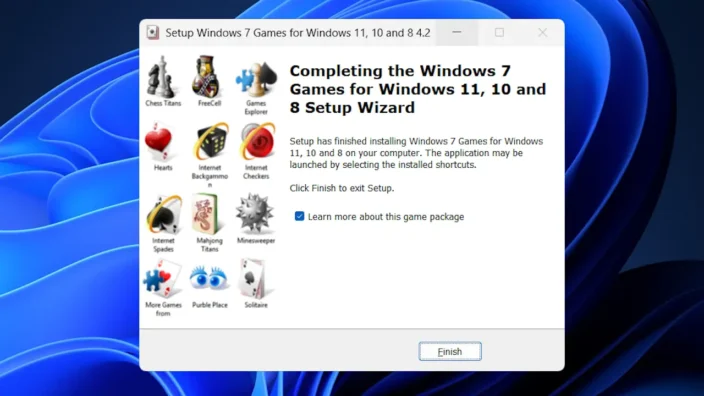 Windows 11→インストール→Windows 7 Games for Windows 11 and Windows 10→完了