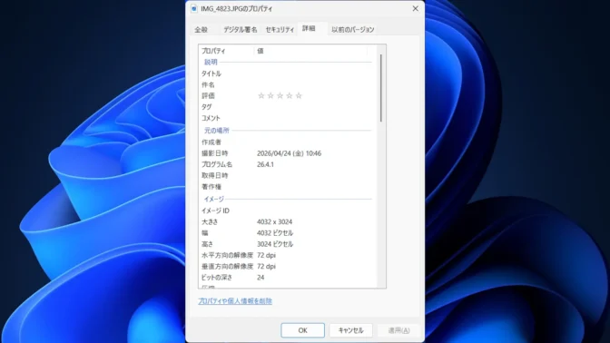 Windows 11→JPGファイル→プロパティ→詳細