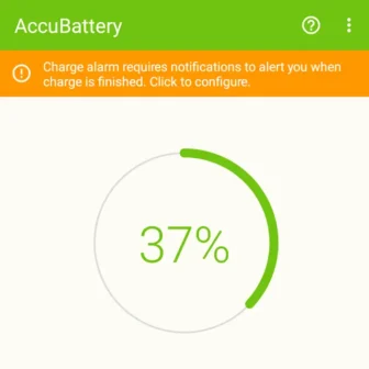 Androidアプリ→AccuBattery→Charge alarm requires notifications to alert you when charge is finished. Click to cofigure.