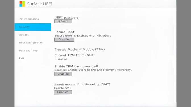 Surface Go 2→Surface UEFI→Security