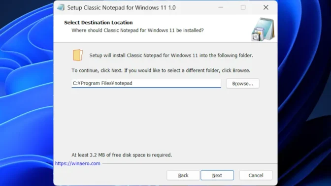 Windows 11→インストール→Classic Notepad for Windows→インストールする場所