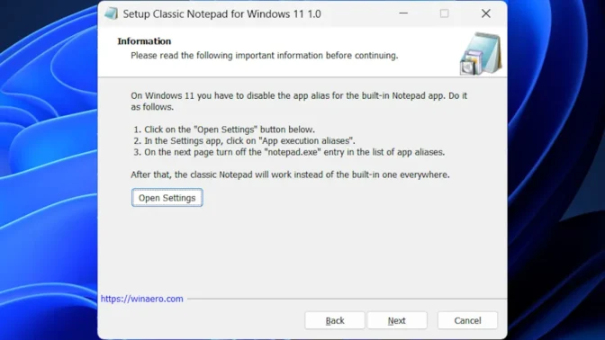 Windows 11→インストール→Classic Notepad for Windows→Information
