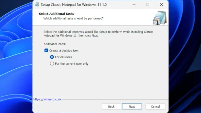 Windows 11→インストール→Classic Notepad for Windows→デスクトップのショートカット