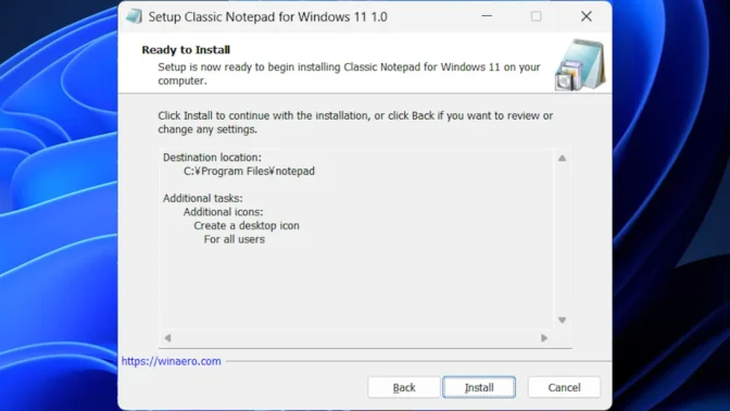 Windows 11→インストール→Classic Notepad for Windows→Install