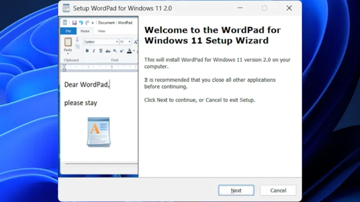 Windows 11→インストール→WordPad for Windows 11
