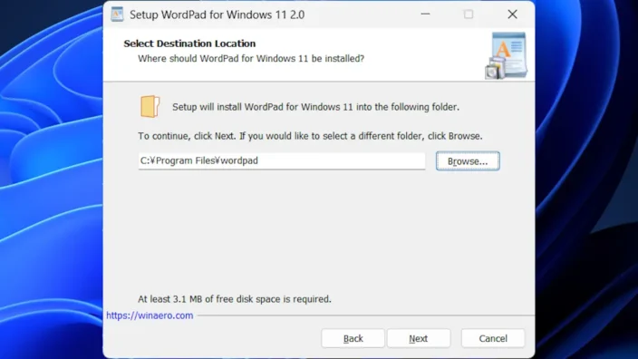 Windows 11→インストール→WordPad for Windows 11→Select Destination Location