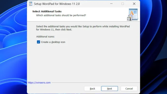 Windows 11→インストール→WordPad for Windows 11→Select Additional Tasks