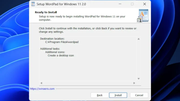 Windows 11→インストール→WordPad for Windows 11→Ready to Install