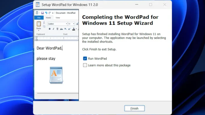 Windows 11→インストール→WordPad for Windows 11→Finish