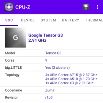 Androidアプリ→CPU-Z→SoC→Google Pixel 8a