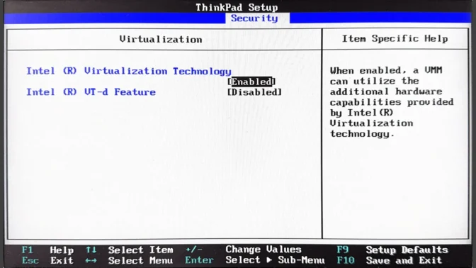 Lenovo Thinkpad L380→UEFI/BIOS→Security→Virtualization