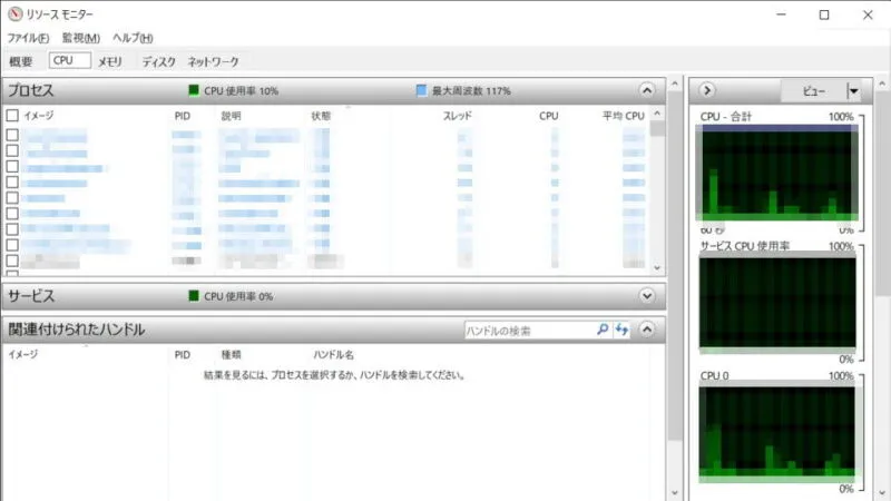 Windows 10→リソースモニター→CPU